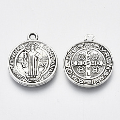 Antique Silver (TIBEB-A9489-AS-FF) Tibetan Style Alloy Pendants, Saint Benedict Medal, Cadmium Free & Lead Free, Flat Round, Antique Silver, 20x17x2mm, Hole: 1.6mm, about 400pcs/1000g