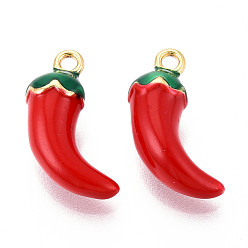 Красный Латунь эмаль подвески, без кадмия и без свинца, реальный 18 k позолоченный, чили очарование, красные, 20x9x7 мм, отверстие : 1.8 мм