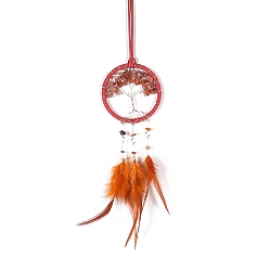 Feather Iron & Natural Carnelian Woven Web/Net with Feather Pendant Decorations, Flat Round with Tree, 75mm