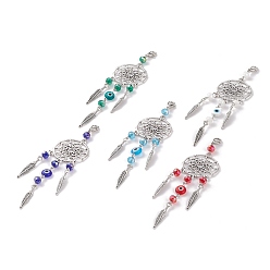 Mixed Color Tibetan Style Alloy Pendants, with Glass Bead and Lobster Claw Clasp, Woven Net/Web with Feather & Evil Eye, Antique Silver, Mixed Color, 115x28.5mm