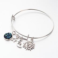 Platinum Adjustable Iron Bangles, with Resin Pendants and Alloy Charms, Sun, Moon and Star, Platinum & Antique Silver, 64mm