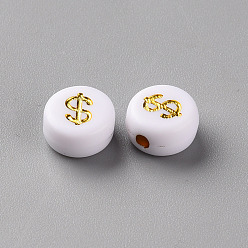 Golden Plated Plating White Acrylic Beads, Flat Round with English Character, Golden Plated, 7x3.5mm, Hole: 1.5mm, about 4540pcs/500g.