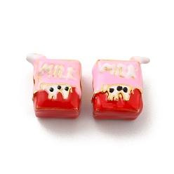 Pink Alloy Enamel European Beads, Large Hole Beads, Lead Free & Cadmium Free, Matter Gold Color, Milk, Pink, 13.5x12x7.3mm, Hole: 4.5mm