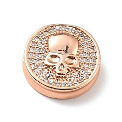 Rose Gold Brass Micro Pave Clear Cubic Zirconia Beads, Long-Lasting Plated, Lead Free & Cadmium Free, Flat Round with Skull, Rose Gold, 14.5x4mm, Hole: 1.8mm