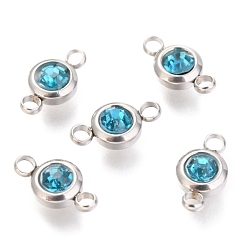 Indicolite 304 Stainless Steel Rhinestone Links Connectors, Flat Round, Stainless Steel Color, Indicolite, 12x6.5x4mm, Hole: 2mm