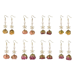 Mixed Color Brass Epoxy Resin Flower Dangle Earrings, with 304 Stainless Steel Earring Hooks, Golden, Mixed Color, 65~71x16~24mm