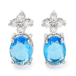 Темно-Голубой Латунные серьги-гвоздики с цветком и овалом из кубического циркония для женщин, платина, глубокое синее небо, 15x7 мм