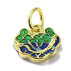 Green Rack Plating Brass Enamel Pendants, with Jump Ring, Long-Lasting Plated, Lead Free & Cadmium Free, Real 18K Gold Plated, Auspicious Cloud Lock Charm, Green, 8x9.5x2.5mm, Hole: 3.4mm
