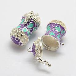 Purple Brass Prayer Box Pendants, with Enamel, Column, Silver Color Plated, Purple, 27.5x18x14mm, Hole: 4x6mm