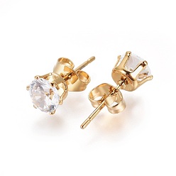 Golden 304 Stainless Steel Stud Earrings, with Rhinestone and Ear Nuts/Earring Back, Flat Round, Crystal, Golden, 15.5x6.5mm, Pin: 0.6mm, 12pairs/card