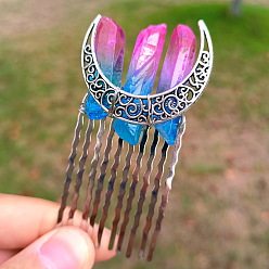 Colorful Natural Crystal Quartz Hair Combs, with Metal Finding, for Women, Moon, Colorful, 70x35mm