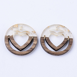 Clear Resin & Walnut Wood Pendants, with Gold Foil, Ring with Heart, Clear, 25x3mm, Hole: 1.8mm
