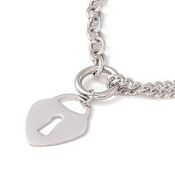 Stainless Steel Color Heart Lock Pendant Necklace for Women, 304 Stainless Steel Chain Necklace, Stainless Steel Color, 16.93 inch(43cm)