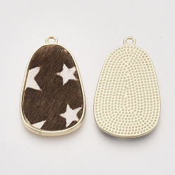 Sienna Eco-Friendly Cowhide Leather Pendants, with Golden Plated Alloy Cabochon Settings, teardrop, with Star Pattern, Sienna, 35x21x2~3mm, Hole: 1.8mm