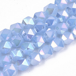 Cornflower Blue Electroplate Glass Beads Strands, Imitation Jade, AB Color Plated, Faceted, Round, Cornflower Blue, 6x6x6mm, Hole: 1mm, about 100pcs/strand, 22.24 inhes(56.5cm)