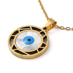 Golden Evil Eye Natural Shell with Enamel Pendant Necklaces, with 304 Stainless Steel Cable Chains, Golden, 15.94 inch(40.5cm)