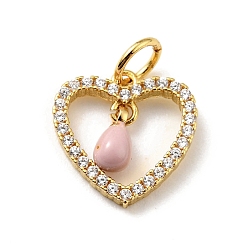 Pink Rack Plating Brass Micro Pave Cubic Zirconia Pendants, with Enamel and Jump Ring, Long-Lasting Plated, Golden, Heart, Cadmium Free & Nickel Free & Lead Free, Pink, 12.5x12x1.5~3mm, Jump Ring: 5x0.7mm, Hole: 3.4mm