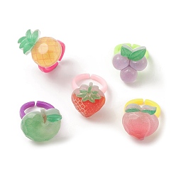 Mixed Shapes 3D Fruit Resin Open Cuff Rings for Kids, Mixed Shapes, Inner Diameter: 13.5mm