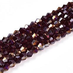 Dark Red Transparent Electroplate Glass Beads Strands, AB Color Plated, Faceted, Bicone, Dark Red, 4x4mm, Hole: 0.8mm, about 82~85pcs/strand, 12.01~12.2 inch(30.5~31cm)