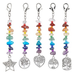 Mixed Shapes Tree of Life Tibetan Style Alloy Pendant Decorations, with Natural Gemstone Chip Beads and Lobster Claw Clasps, Mixed Shapes, 92~95mm, Pendansts: 73~77x14~21mm