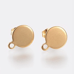 Golden Ion Plating(IP) 304 Stainless Steel Stud Earring Findings, with Loop and Flat Plate, Flat Round, Golden, 10.5x8x0.6mm, Hole: 1.5mm, Pin: 0.8mm