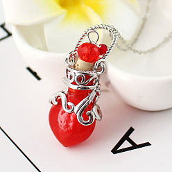Red Lampwork Perfume Bottle Pendant Necklace, Platinum Titanium Steel Jewelry for Women, Red, 17.72 inch(45cm)