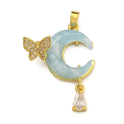 Светло-Синий Стойка металлическая латунная микропрофилированная кубическая циркония подвески, cmолой, долговечный, реальный 18 k позолоченный, луна и бабочка, голубой, 33x20x7.5 мм, отверстие : 2.5x3.5 мм