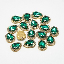 Med.Emerald Sew on Rhinestone, Multi-strand Links, Glass Rhinestones, with Brass Findings, Garments Accessories, teardrop, Golden, Med.Emerald, 30x23x9mm, Hole: 1mm