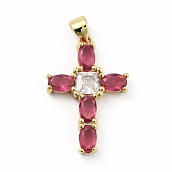 Cerise Rack Plating Brass Micro Pave Cubic Zirconia Pendants, Long-Lasting Plated, Lead Free & Cadmium Free, Cross, Real 18K Gold Plated, Religion, Cerise, 26.5x18x4mm, Hole: 3.5x4mm