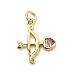 Pink Подвески из латуни с микропаве в виде лука и стрел, украшенные кубическим цирконием., стойки покрытие, долговечный, без кадмия и без свинца, золотые, с целью перехода в кольце, розовые, 18.5x15x2.5 мм, отверстие : 3.3 мм