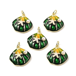 Темно-Зеленый Латунные подвески с микропаве из кубических цирконий с эмалью и искусственным жемчугом из АБС-пластика, формы раковины, стойки покрытие, долговечный, без свинца и без кадмия, с целью перехода в кольце, реальный 18 k позолоченный, темно-зеленый, 17.5x17x5.5 мм, отверстие : 3 мм