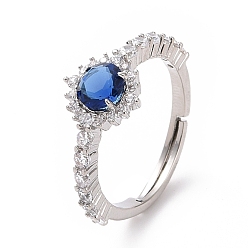 Platinum Dodger Blue Cubic Zirconia Adjustable Ring, Rack Plating Brass Jewelry for Women, Cadmium Free & Lead Free, Platinum, US Size 5 1/4(15.9mm)