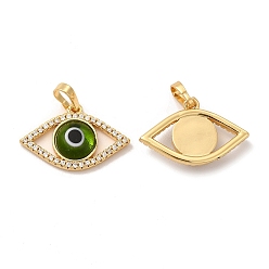 Dark Olive Green Rack Plating Brass Micro Pave Clear Cubic Zirconia Pendants, with Handmade Evil Eye Lampwork, Cadmium Free & Lead Free, Long-Lasting Real 18K Gold Plated, Eye Charm, Dark Olive Green, 15.5x23x4mm, Hole: 6x3mm