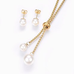 Golden 304 Stainless Steel Jewelry Sets, Slider Necklaces and Stud Earrings, with Acrylic Imitation Pearl, Round, Golden, Necklace: 23.62 inch(60cm), 2mm, Earrings: 20x8mm, Pin: 0.8mm