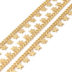 Real 18K Gold Plated Rack Plating Brass Curb Chains, with Star Charms, Long-Lasting Plated, Unwelded, with Spool, Cadmium Free & Nickel Free & Lead Free, Real 18K Gold Plated, 3.5x2.5x0.7mm