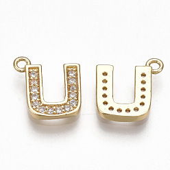 Letter U Brass Cubic Zirconia Charms, Letter, Clear, Real 18K Gold Plated, Letter.U, 9.5x9x1.5mm, Hole: 1mm