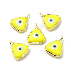 Yellow Handmade Lampwork Pendants, with Eco-friendly Light Gold Brass Findings, Long-Lasting Plated, Cadmium Free & Lead Free, Triangle with Evil Eye Charm, Yellow, 16x13.5x4~4.5mm, Hole: 2mm