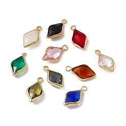 Mixed Color K9 Glass Pendants, Rhombus Charms, Faceted, with Light Gold Tone Brass Edge, Mixed Color, 18.5x10x5mm, Hole: 2.2mm