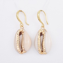 WhiteSmoke Electroplate Cowrie Shell Dangle Earrings, with Brass Earring Hooks, Real 18K Gold Plated, WhiteSmoke, 36~37mm, Pin: 0.7mm