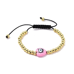 Pink Enamel Evil Eye Heart & Brass Braided Bead Bracelet for Women, Cadmium Free & Lead Free, Pink, Inner Diameter: 2~3-1/8 inch(5.05~8cm)
