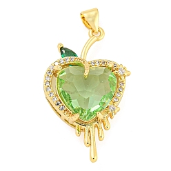 Light Green Rack Plating Brass Micro Pave Clear Cubic Zirconia Pendants, with Glass, Long-Lasting Plated, Cadmium Free & Lead Free, Real 18K Gold Plated, Heart Charms, Light Green, 30x17x9.5mm, Hole: 4.5x3.5mm