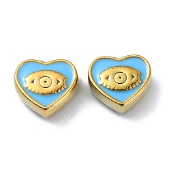 Light Sky Blue Ion Plating(IP) 304 Stainless Steel Enamel Beads, Real 18K Gold Plated, Heart with Eye, Light Sky Blue, 9x10x4.5mm, Hole: 1.2mm