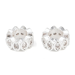 Серебро Плоские круглые латунные микропаве прозрачные кубические циркониевые европейские бусины, бусины с большим отверстием, стойки покрытие, долговечный, без свинца и без кадмия, серебряные, 8x4 мм, отверстие : 4 мм