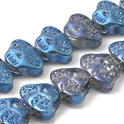 Steel Blue Transparent Electroplate Glass Beads Strands, Rainbow Plated, Skull Head, Steel Blue, 13x10x6mm, Hole: 1mm, about 56pcs/strand, 25.59''(65cm)