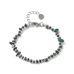 Малахит Браслет из бусин из натурального малахита и немагнитного синтетического гематита для женщин, с 201 нержавеющей сталью и 304 фурнитурой из нержавеющей стали, бусина : 3 мм и 3~3.5x3~7x3~7 мм, 7-1/4 дюйм (18.4 см)