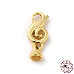 Real 18K Gold Plated Rack Plating 925 Sterling Silver Lobster Claw Clasps with Cord End, Musical Note, with 925 Stamp, Real 18K Gold Plated, Clasp: 17.5x9x2.5mm, Cord End: 6.5x6x5.5mm, Inner Diameter: 4mm