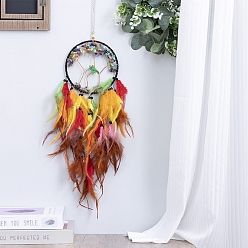 Colorful Tree of Life Gemstone Chips Woven Web/Net with Feather Decorations, for Home Bedroom Hanging Decorations, Colorful, 160mm