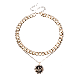 Light Gold Сплав кристаллов горного хрусталя и смолы черная ракушка кулон дерево жизни двухслойные ожерелья, ожерелья-цепочки для женщин, золотой свет, 16.14~19.69 дюйм (41~50 см)