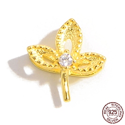 Real 18K Gold Plated 925 Sterling Peg Bails, with Cubic Zirconia, Leaf, Real 18K Gold Plated, 9.5x8x4mm, Pin: 0.7mm