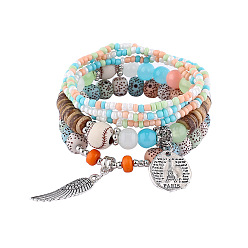Shallow mixing Bohemian Ethnic Style Bracelet with Wing Pendant and Multi-layer Elastic Beaded Hand Chain for Women Fashion Jewelry